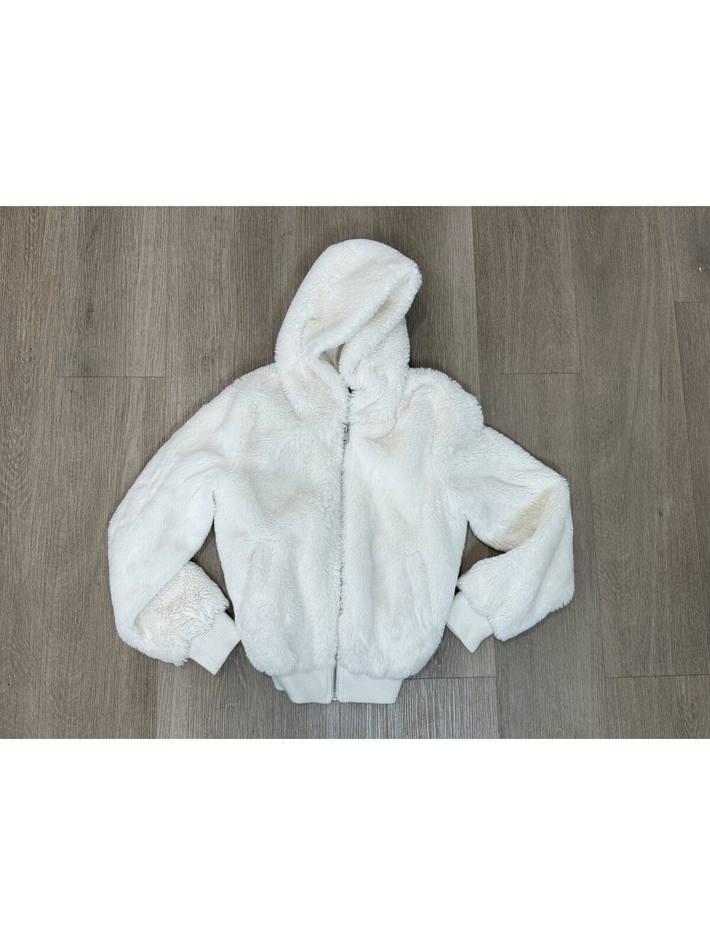 White Faux Fur Bomber Jacket Women's Small Ivory Cream Cozy Winter Zip